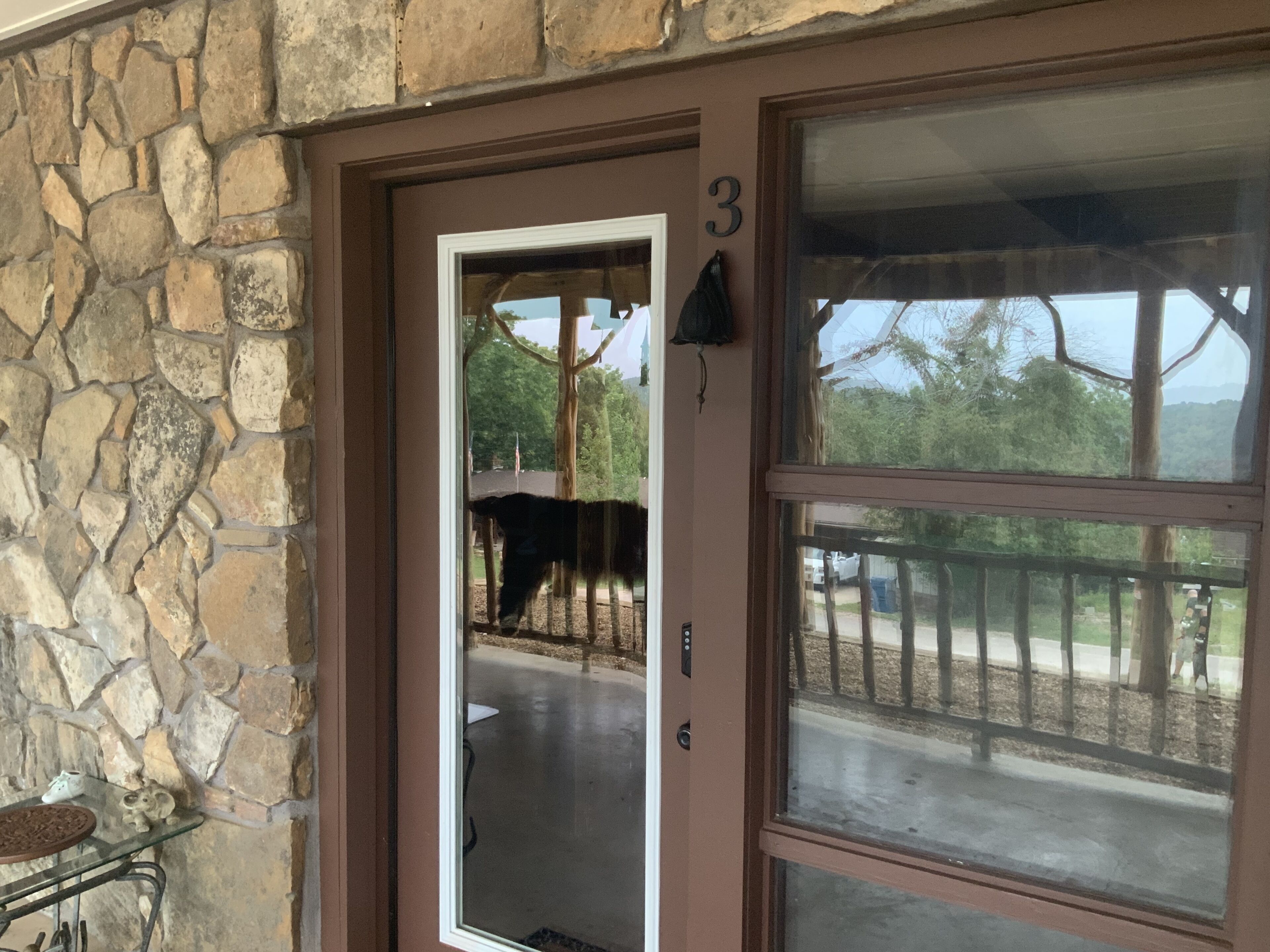 A stone wall, a glass door with a number '3', and a view of a covered outdoor area with trees.
