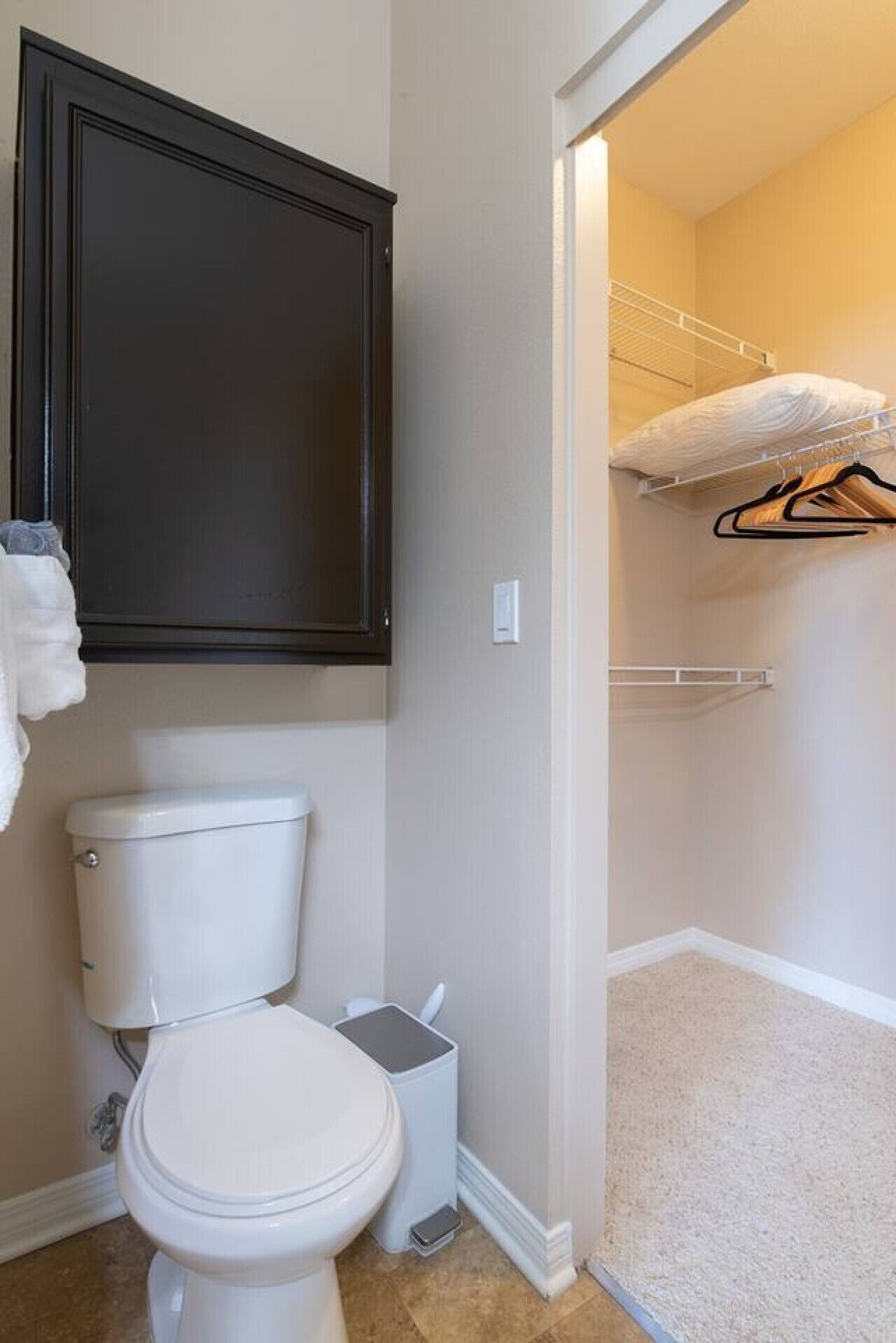 A bathroom with a toilet, a dark cabinet above it, and a walk-in closet with a hanging rack and a folded bed.