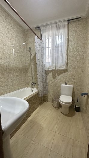 Une salle de bain avec une baignoire, des toilettes et une douche.