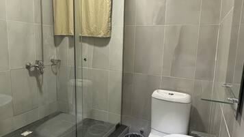 Ein Badezimmer mit einer Duschkabine, einer Toilette und einem Waschbecken mit Spiegel.