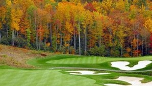 Hyvin hoidettu golfkenttä, jossa on hienot viheriöt ja hiekkabunkerit, ja jonka ympärillä on syksyn väreissä loistava metsä.