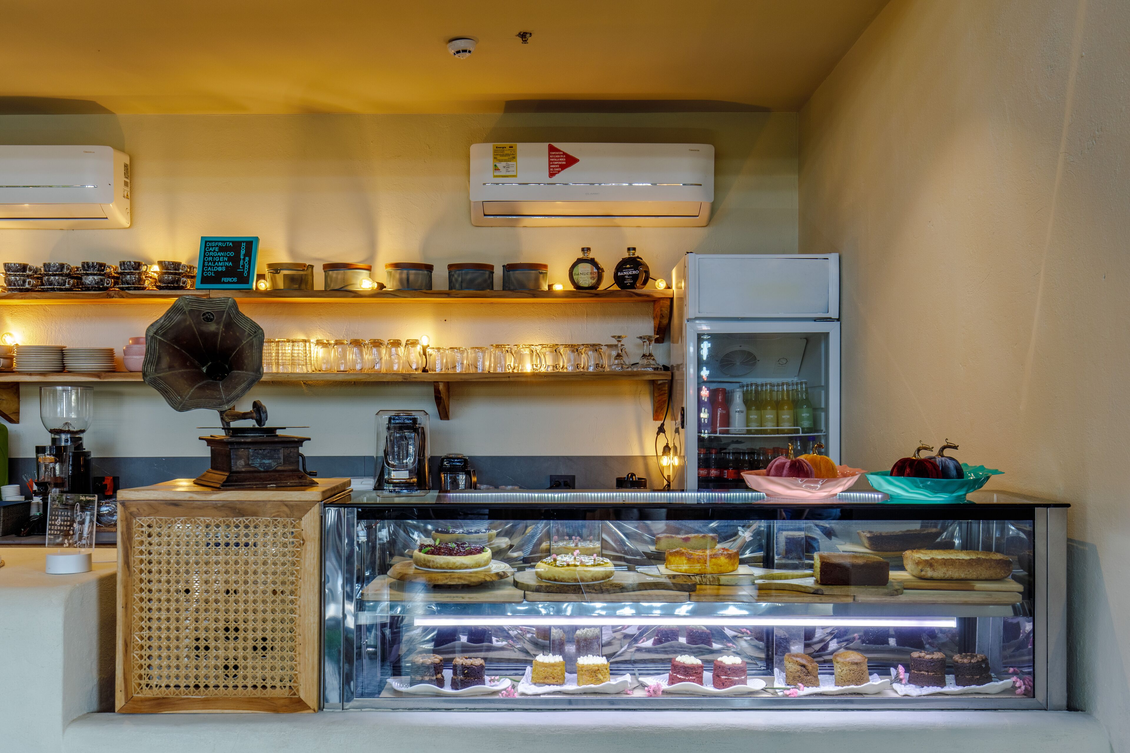 A bakery display case with various baked goods.