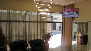 Un vestíbulo con una lámpara de araña moderna, sofás de cuero, un espejo grande y un televisor en la pared.