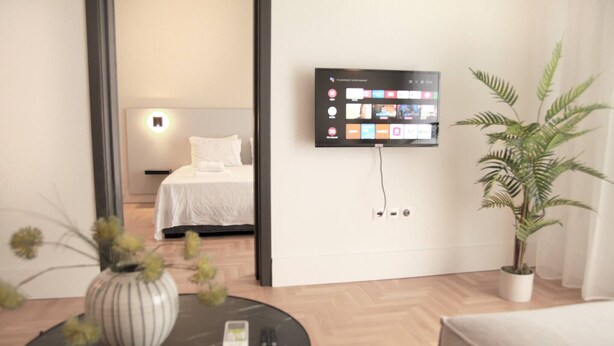 A hotel room with a bed, a TV mounted on the wall, a potted plant, and a small table with a vase and remote control. - Citybreak Apartments 301 in Athens, Greece (Athens)