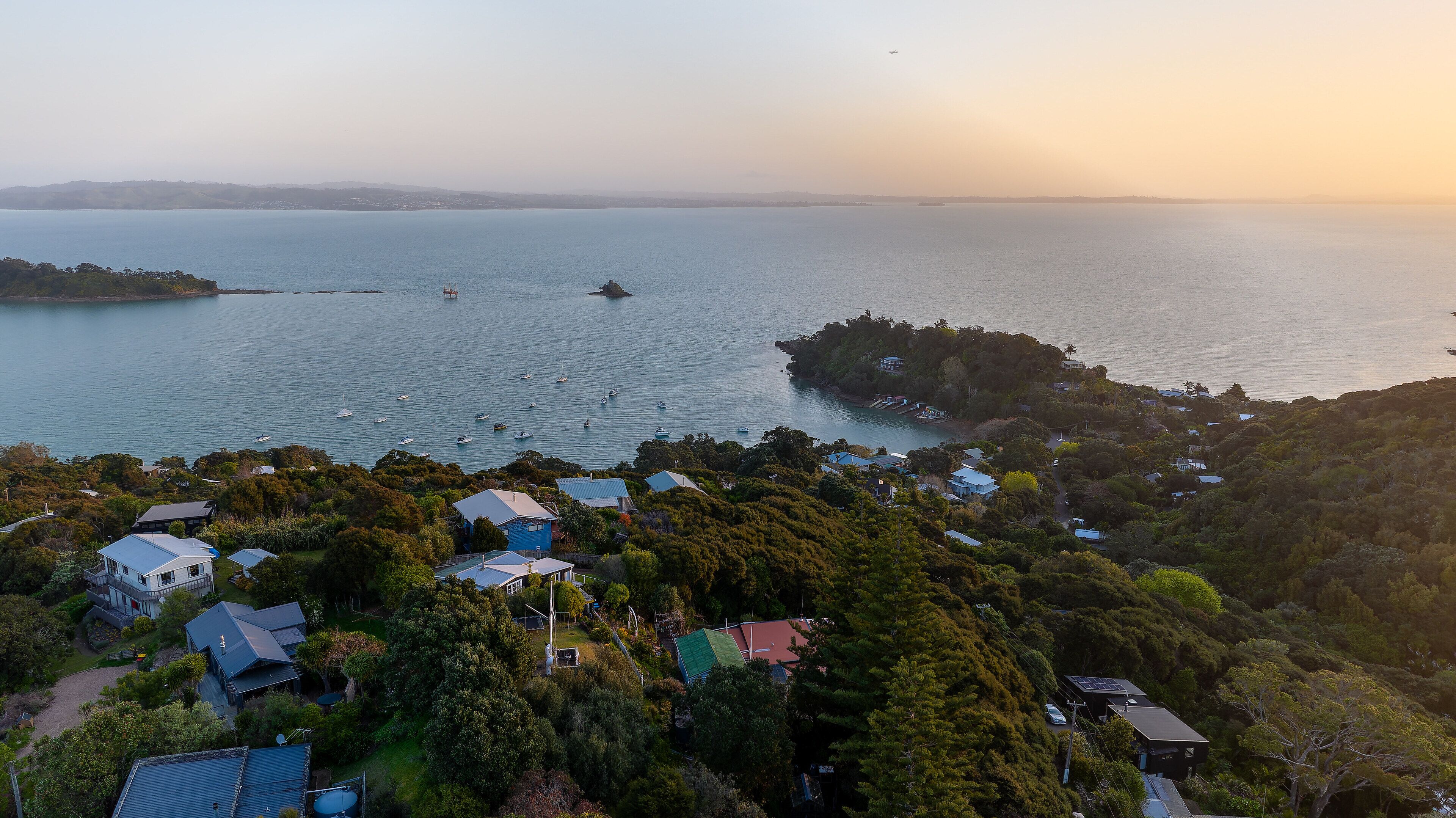 A coastal area with houses surrounded by dense greenery, a calm sea, and a small island with a dock.