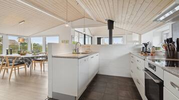 Fridge, stovetop, dishwasher, coffee/tea maker