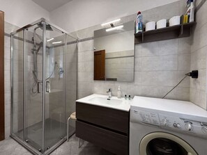 Shower, hair dryer, towels, toilet paper