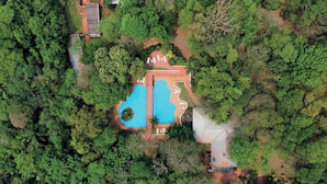 An aerial view of a property with a swimming pool, surrounded by dense greenery. - El Leñador (Puerto Iguazú)