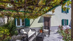 An outdoor patio with wicker furniture, a pergola with grapevines, and a building with green shutters.