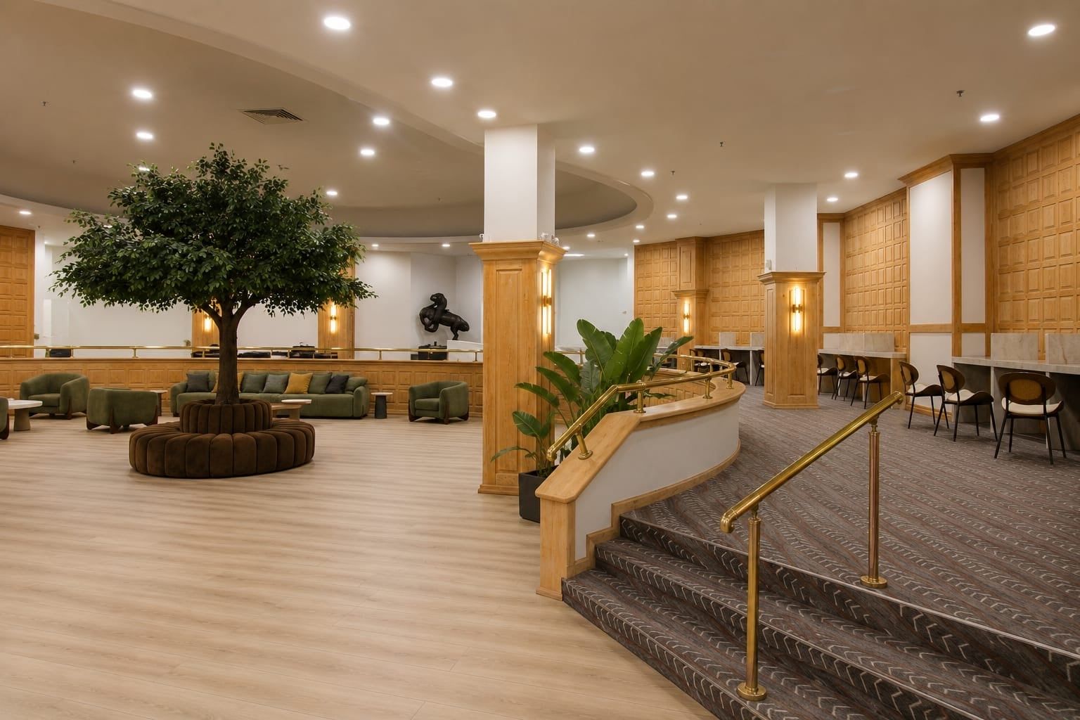 A hotel lobby with a reception desk, seating area, and a staircase.