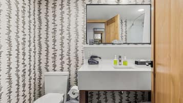 Une salle de bain avec des toilettes, un lavabo et un miroir.