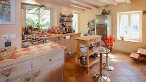 A kitchen with a central island, a built-in oven, and a refrigerator. - Stunning home in Monseveroux (Monseveroux)