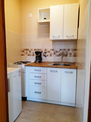 Fridge, microwave, stovetop, cookware/dishes/utensils