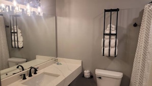 A modern bathroom with a white sink, black faucets, a large mirror, a toilet, and a towel rack. - Welcome to the Aurora (Duluth)