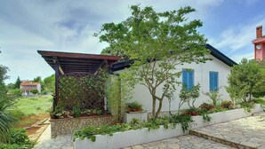 A white house with blue shutters, a stone pathway, and a pergola with climbing plants. - Villa with pool and sea view (Banjole)