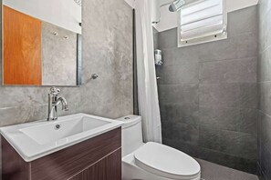 Shower, hair dryer, shampoo