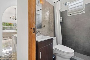 Shower, hair dryer, shampoo