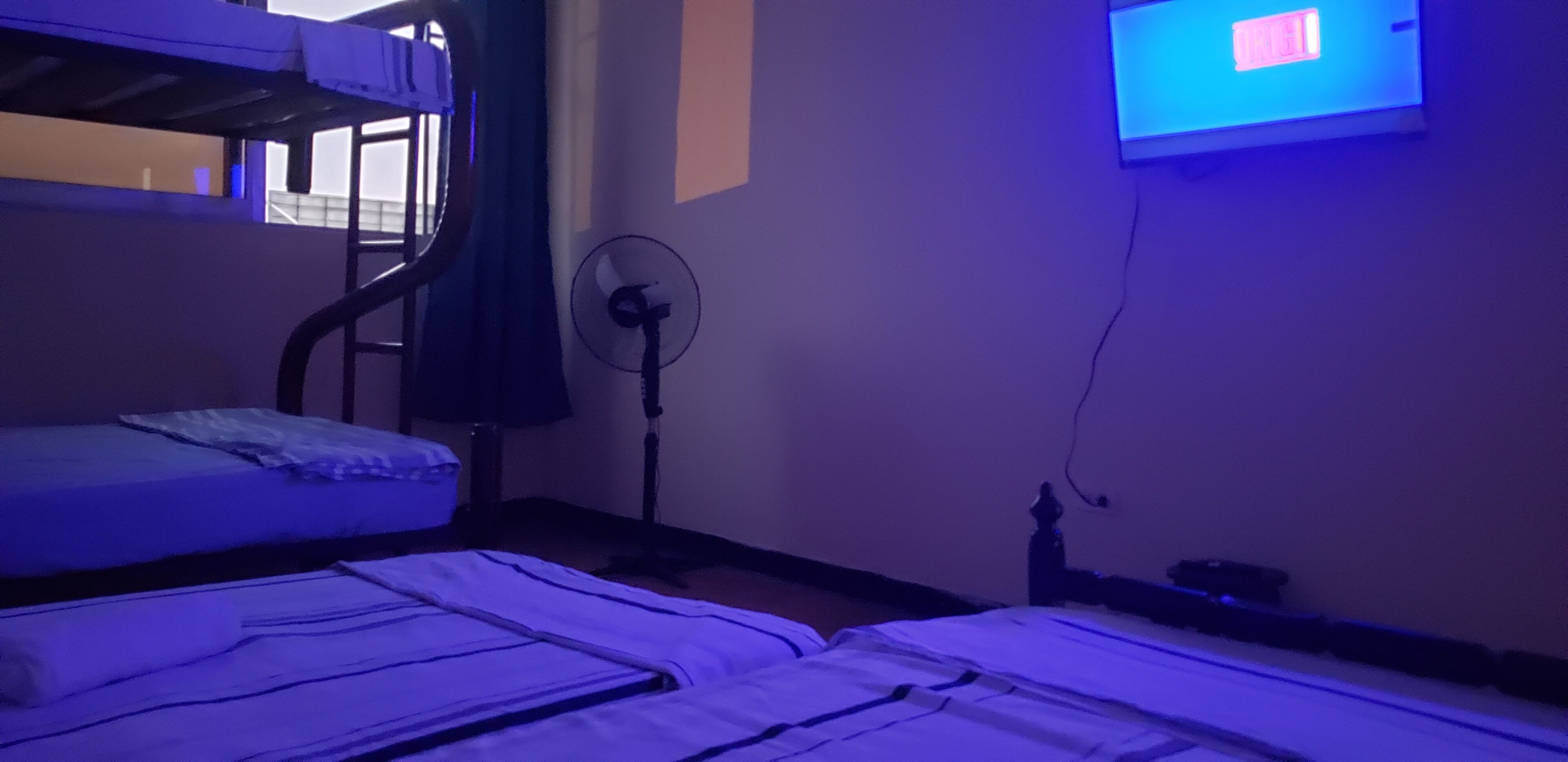 A dormitory room with bunk beds, a standing fan, and a wall-mounted TV.
