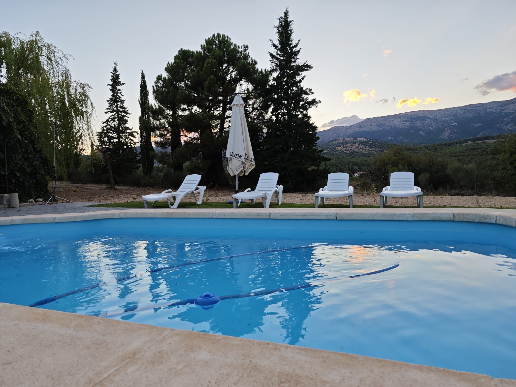 A swimming pool with white lounge chairs and an umbrella, surrounded by trees and mountains in the background.