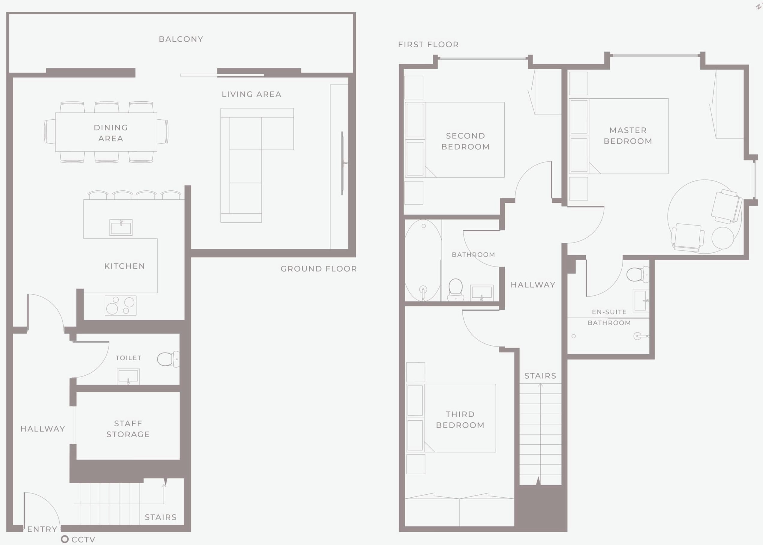 Ein Hotelgrundriss mit Balkon, Essbereich, Küche, Wohnbereich und mehreren Schlafzimmern.