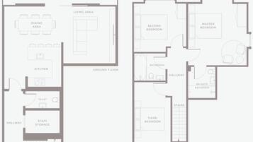 Ein Hotelgrundriss mit Balkon, Essbereich, Küche, Wohnbereich und mehreren Schlafzimmern.