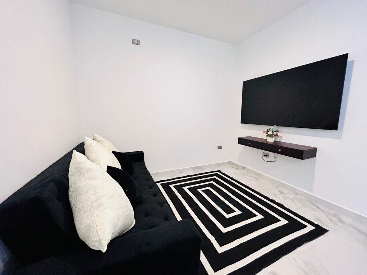 A modern living room with a black sofa, a black and white rug, a flat-screen TV mounted on the wall, and a small shelf with a flower vase.