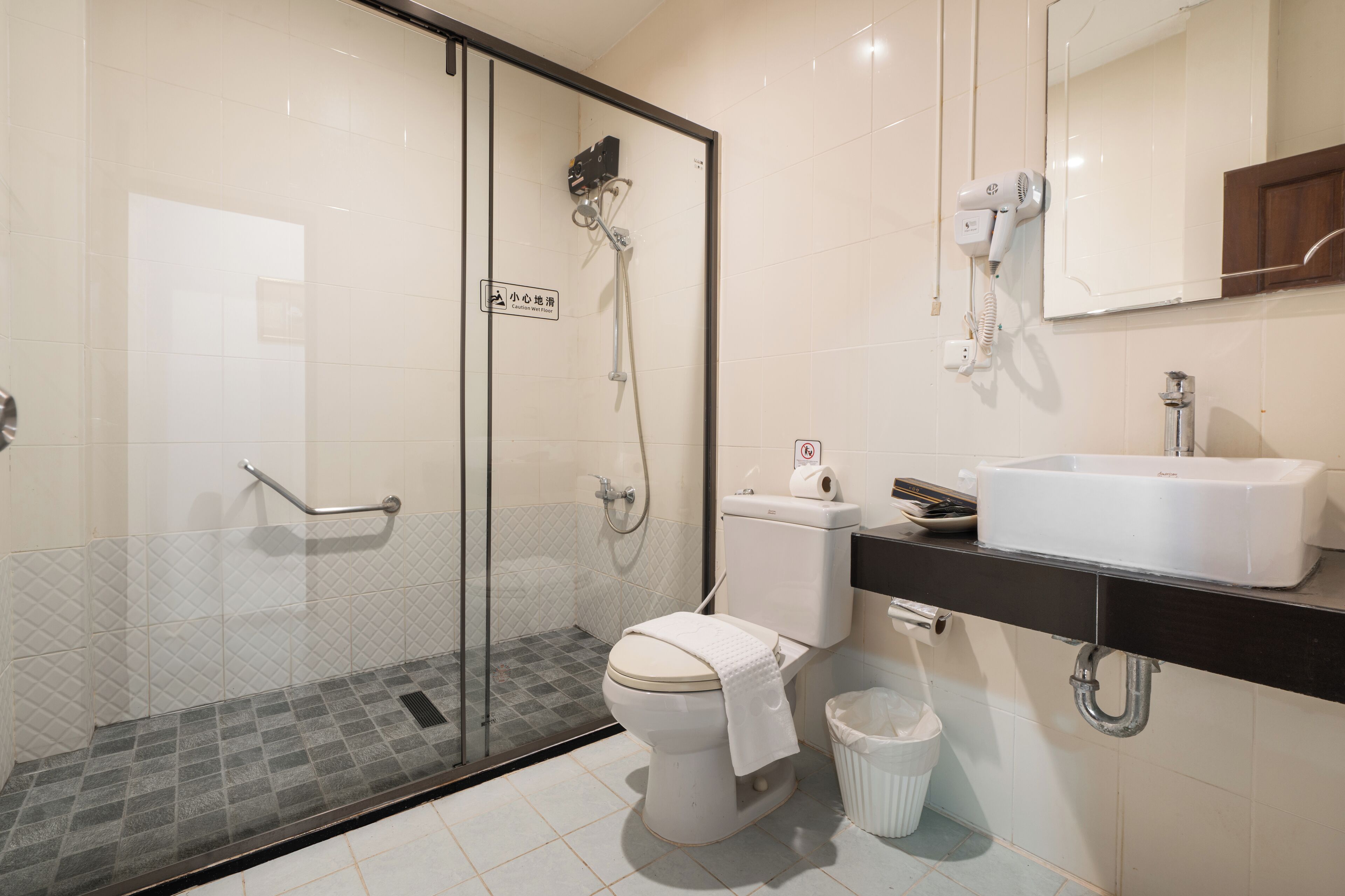 A modern bathroom with a glass-enclosed shower, a white toilet, and a sink with a mirror above it.