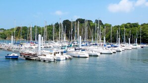 Uma marina com vários barcos atracados, rodeada por vegetação e um céu claro.