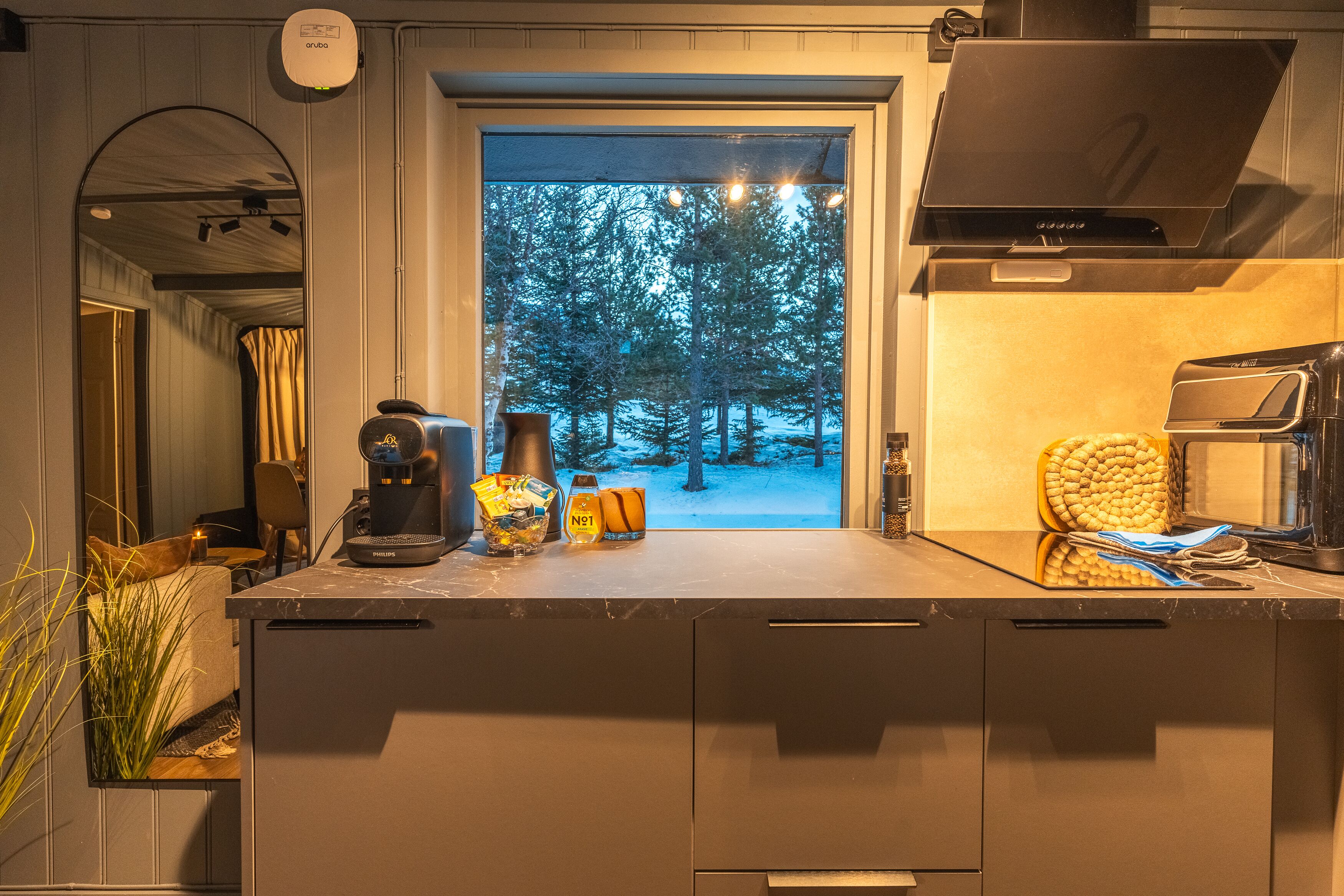 Una cocina con vista a un bosque nevado, una cafetera y un tostador.