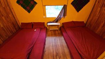 A compact room with two single beds, wooden flooring, and a small window with a view.