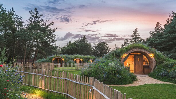 Une série de maisons de style « hobbit », avec des toits de chaume, entourées d’une clôture en bois et d’une végétation luxuriante.