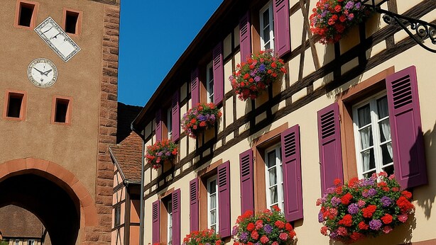 Ein traditionelles Fachwerkhäuschen mit zahlreichen Fenstern, einige davon mit violetten Fensterläden, und Blumenkästen an den Fensterbänken.