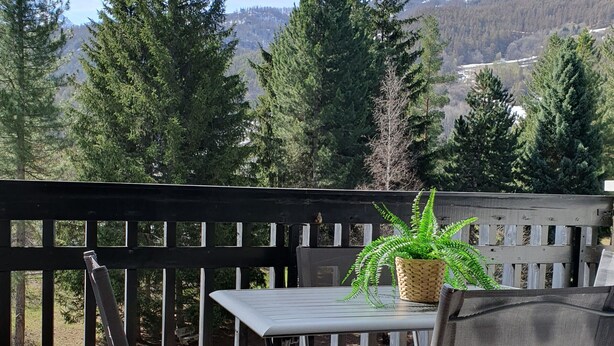 Eine Terrasse im Freien mit Tisch und Stühlen, ein gewebter Korb mit Pflanze und Blick auf Bäume und Berge.