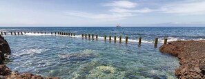 A coastal scene with clear water, rocky shore, and a distant ship.