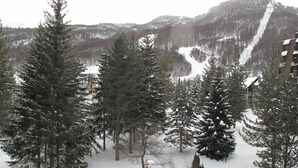 A snowy landscape with tall evergreen trees and a ski slope in the background. - Cozy Studio for 4 with Balcony, Close to Slopes in Serre Chevalier (La Salle-les-Alpes)