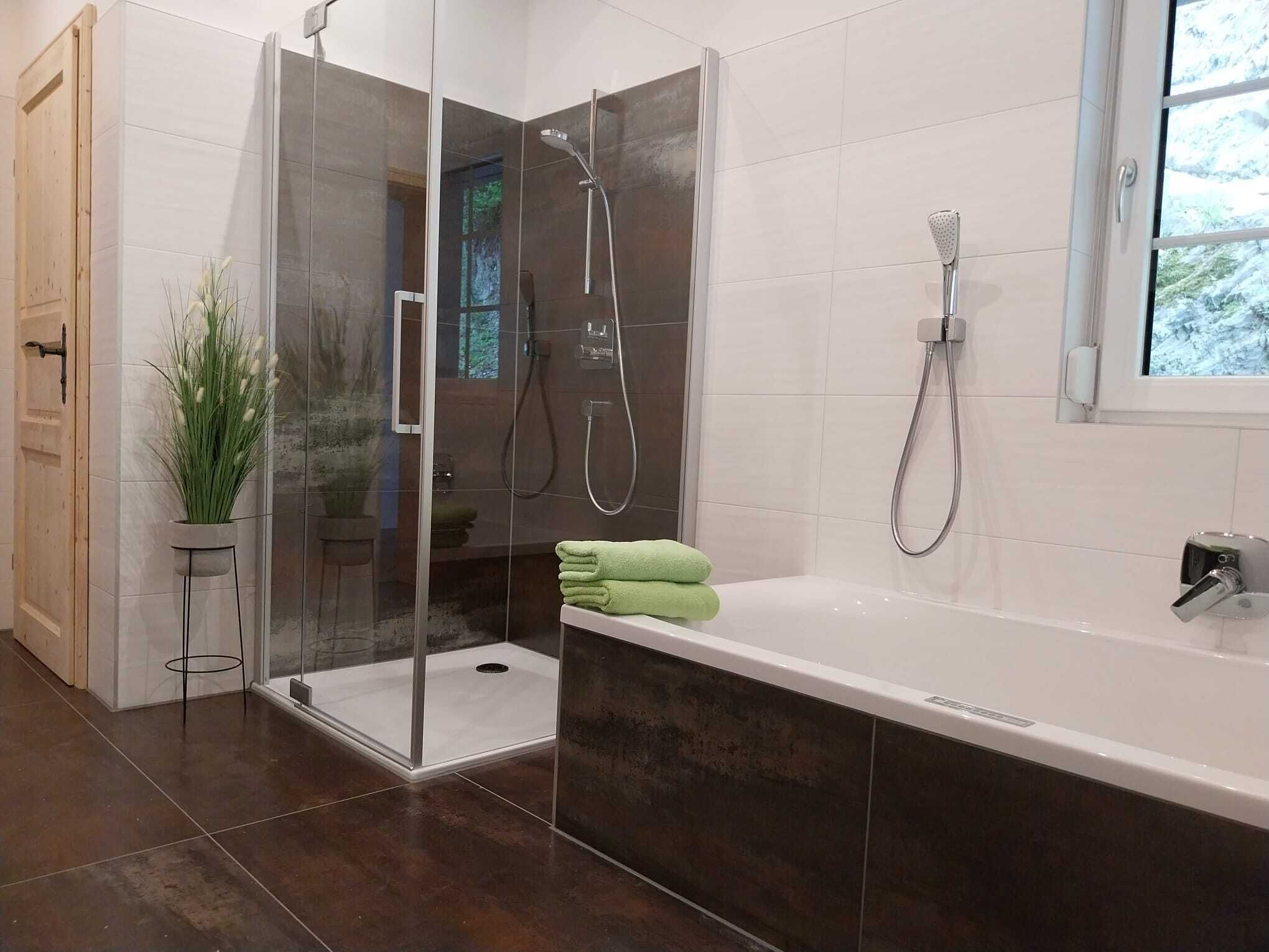 Shower, jetted bath, hair dryer, towels