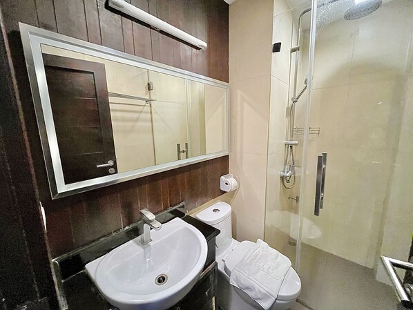 Un baño con lavabo, espejo, inodoro y ducha.