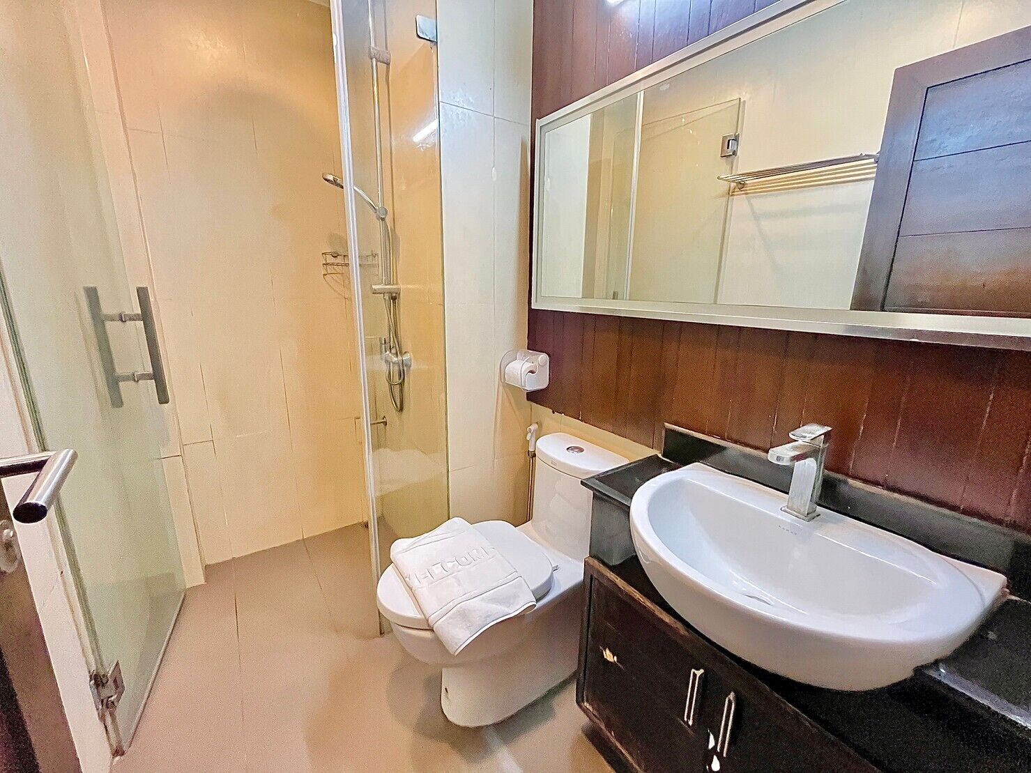 A bathroom with a glass-enclosed shower, a white toilet, a sink, and a mirror above the sink.