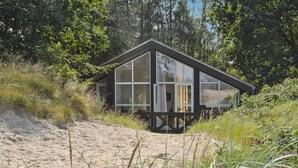 Una cabaña moderna con amplios ventanales, rodeada de vegetación natural y una zona arenosa.