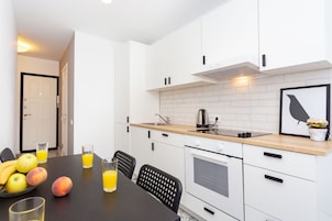 Basic Apartment | Private kitchen | Full-size fridge, microwave, oven, stovetop