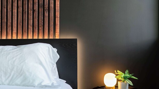 A neatly made bed with white linens, a round wall-mounted light, and a potted plant on a small black side table.
