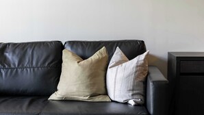 A black leather sofa with two pillows, one beige and one grey, against a plain wall with a framed picture above.