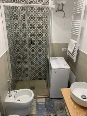 Bathroom features a shower enclosure, pedestal sink, and stacked washer and dryer.