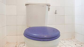 Un inodoro con asiento azul en un baño con baldosas de diseño.