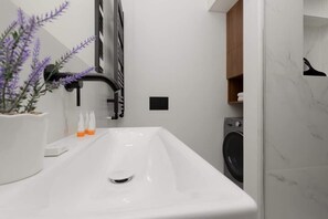 Shower, hair dryer, shampoo