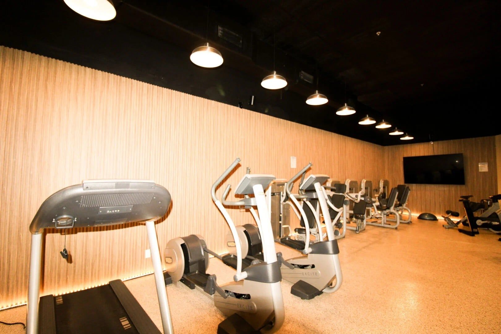 A gym with various cardio machines, a television screen on the wall, and a wooden wall.
