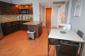 Fridge, microwave, coffee/tea maker, toaster