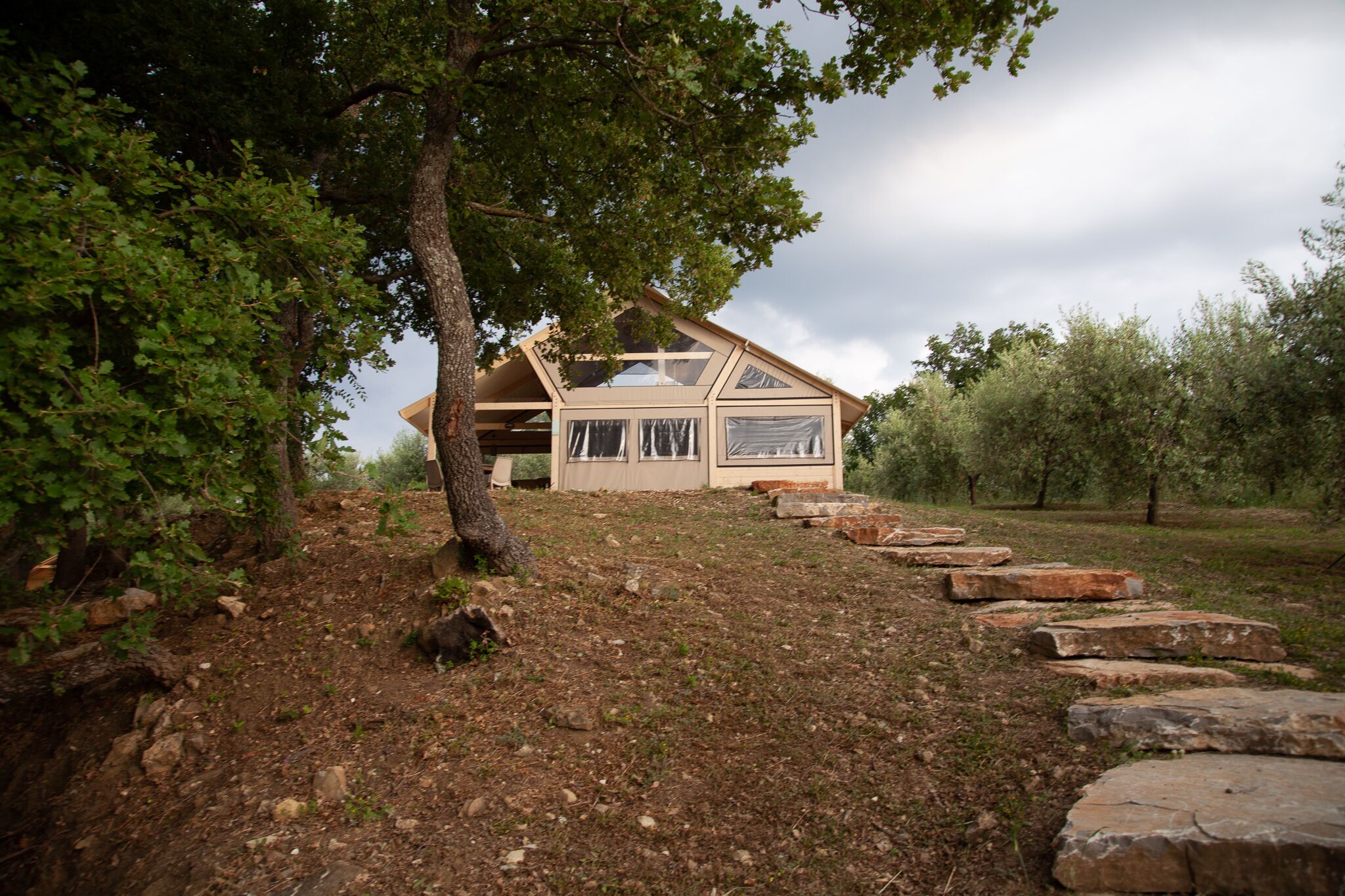 Ein Haus mit geneigtem Dach, großen Fenstern und einem steinbelagten Weg, der davor führt.
