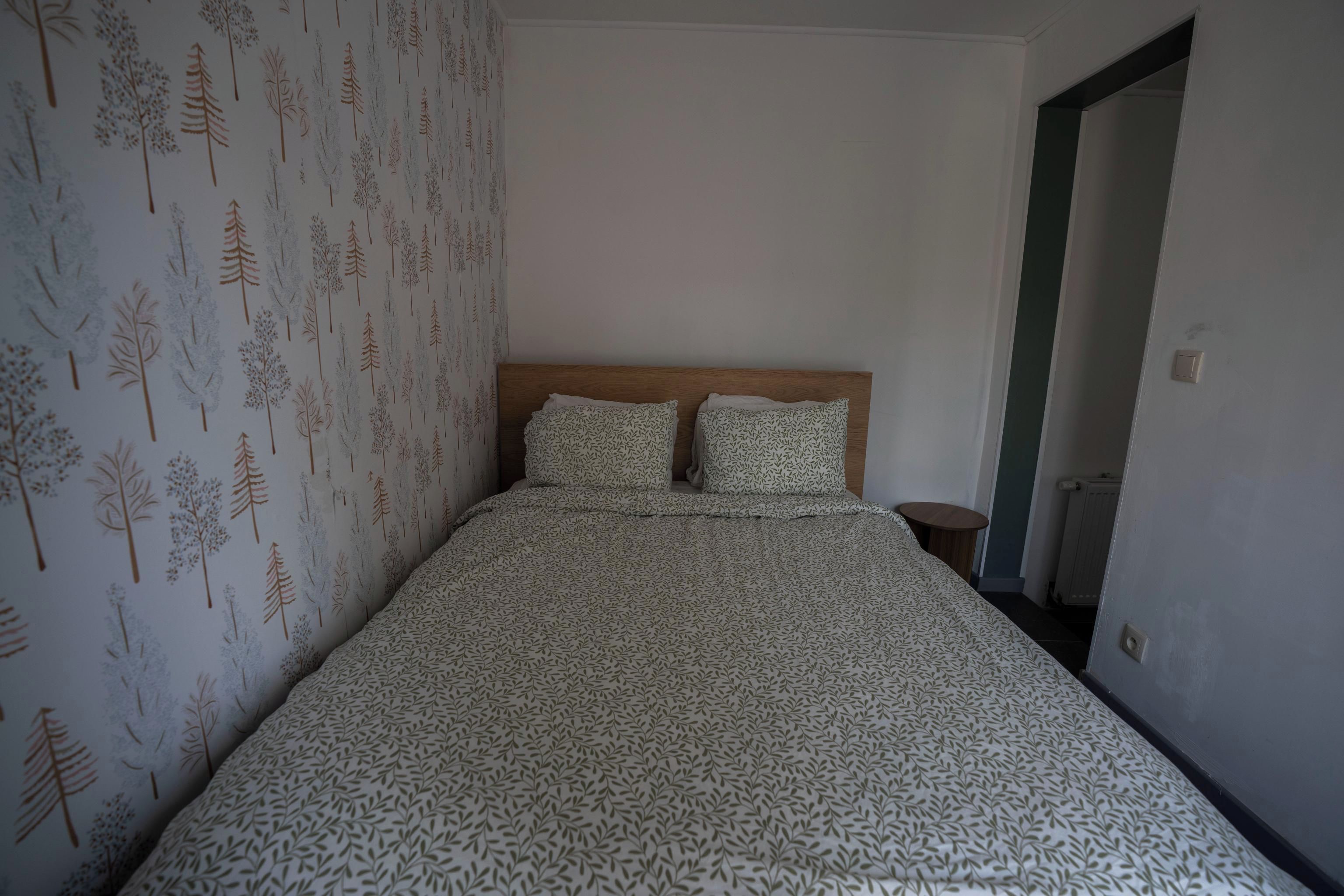 A bedroom with a bed, two pillows, a wooden headboard, a bedside table, and a wall with a tree pattern.