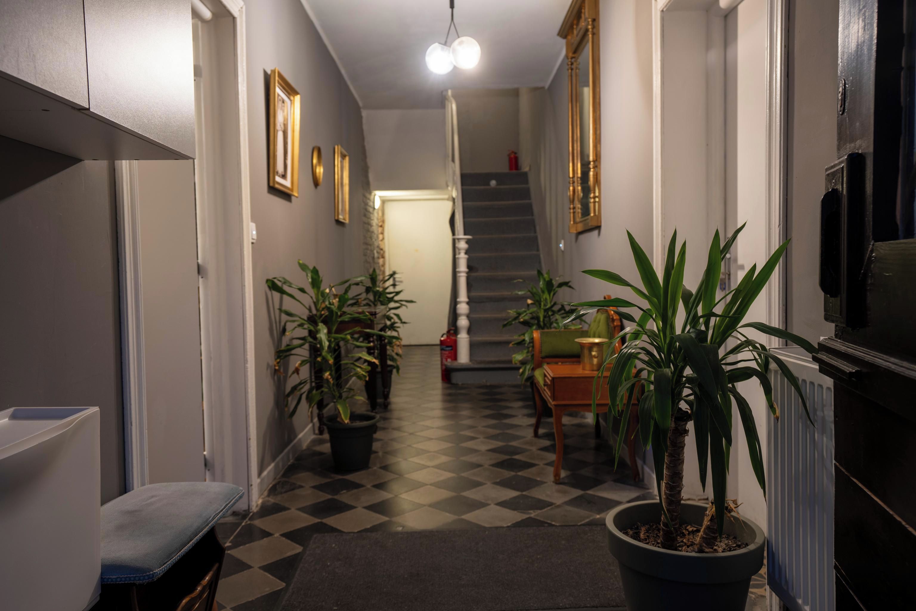 Un couloir avec un sol à carreaux, des plantes en pot, un escalier et une porte au fond.
